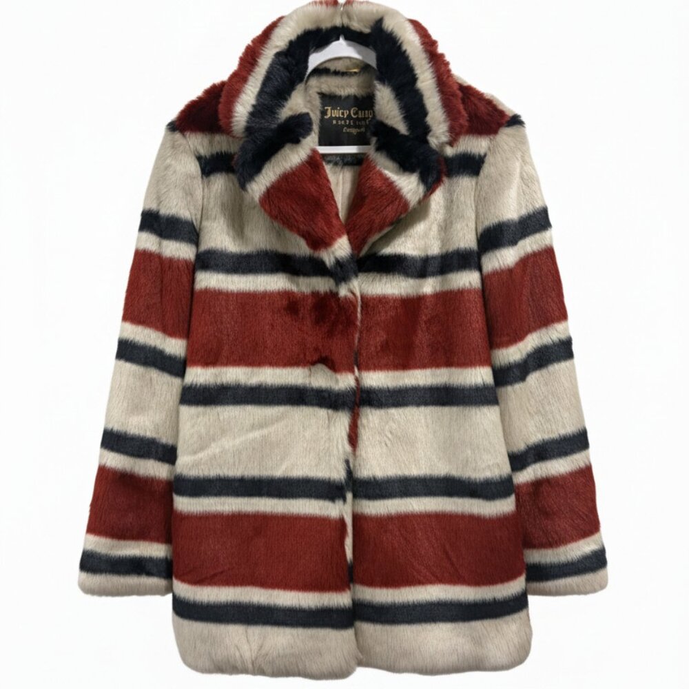 Juicy Couture Faux Fur Coat Red White Blue, Women’s Large, Warm Fur Jacket NWOT